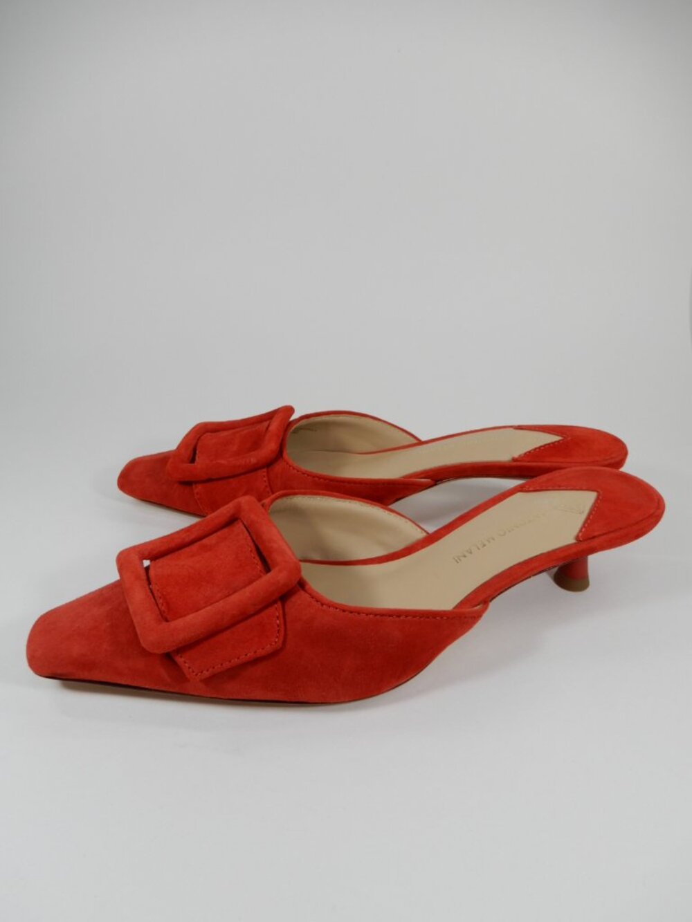 ANTONIO MELANI Kendra Kitten Heel Mules Size 6 Square Buckle Red Suede NEW